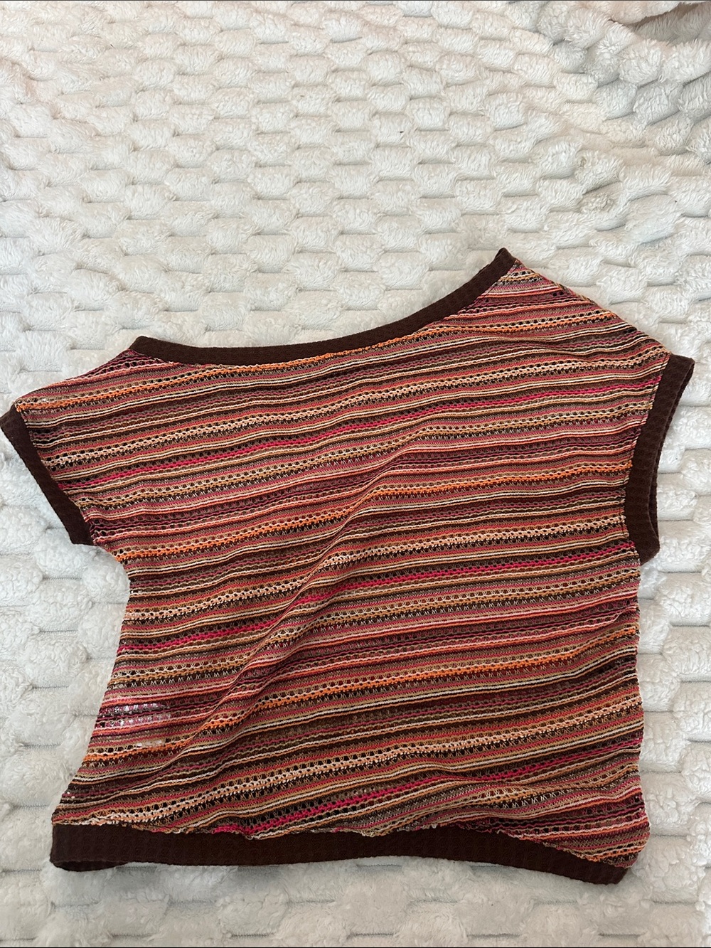 SHEIN Multicolor Striped Short Sleeve Top with Brown Trim